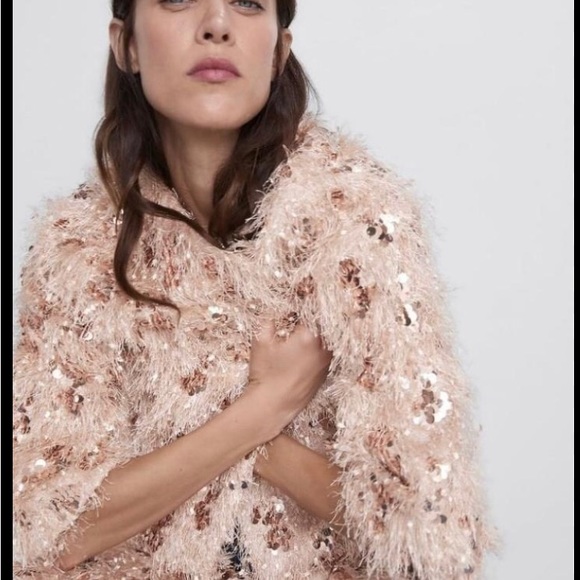 Zara Eyelash Fringe Sequin Pink Cardigan Robe Kimono with Belt XS/S - Picture 3 of 8